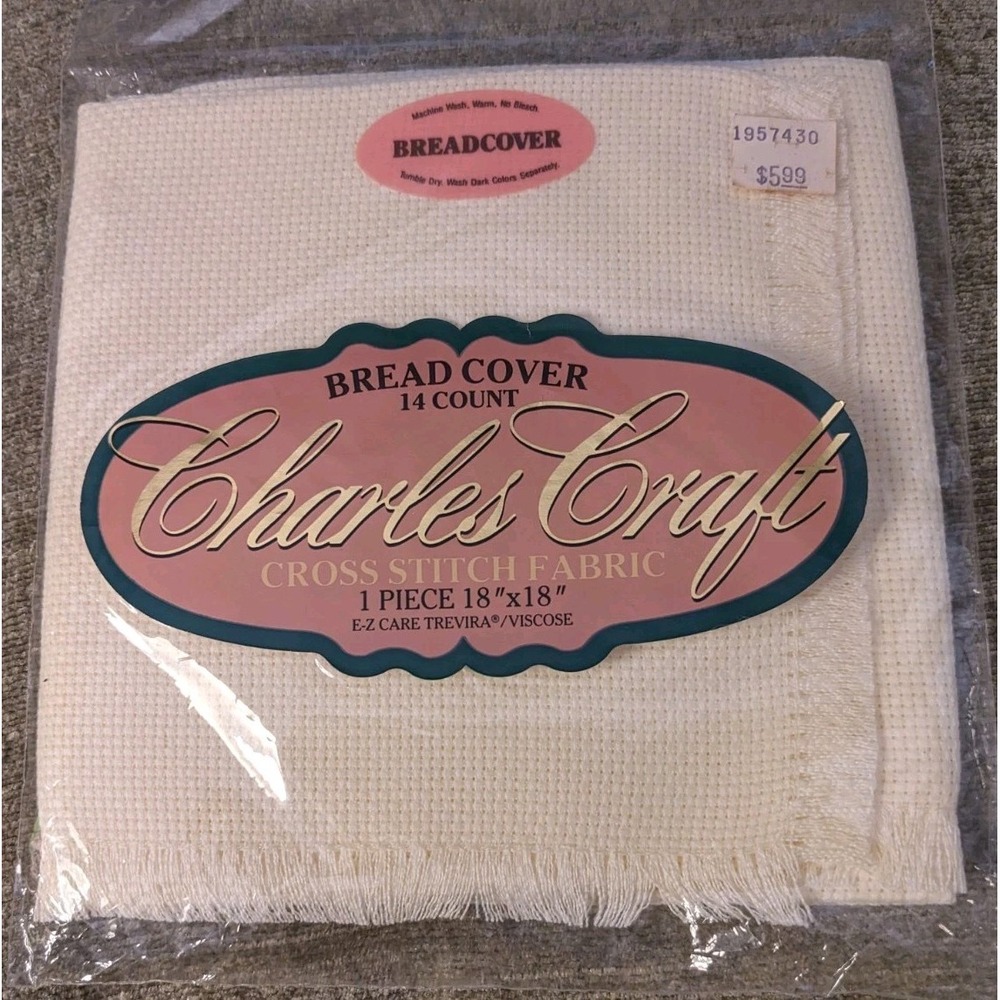 Vtg Charles Craft Bread Cover Ivory Cross Stitch Fabric 14 Count 18" Soft Touch
